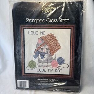 NEW 1983 Golden Bee Stamped Cross‎ Stitch Kit 14" Love Me Love My Cat Kitten M11